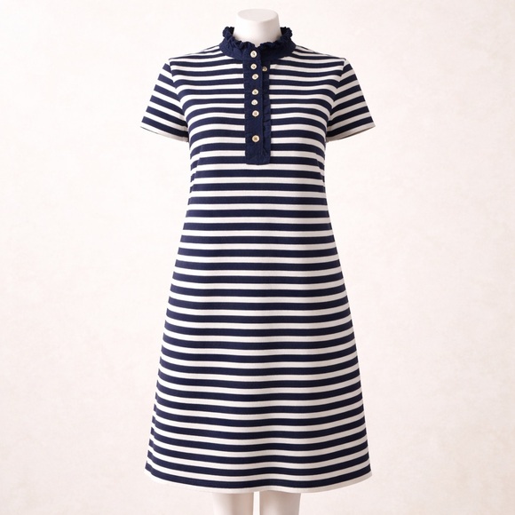 Tory Burch Dresses & Skirts - Tory Burch Navy Stripe Knit Dress Ruffle Collar Size small Breton Style